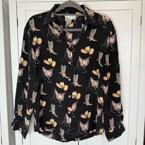 Vintage 90s P.I.A.N.O Silk Western Shirt Cowgirl Boot Hat Print Women’s Small